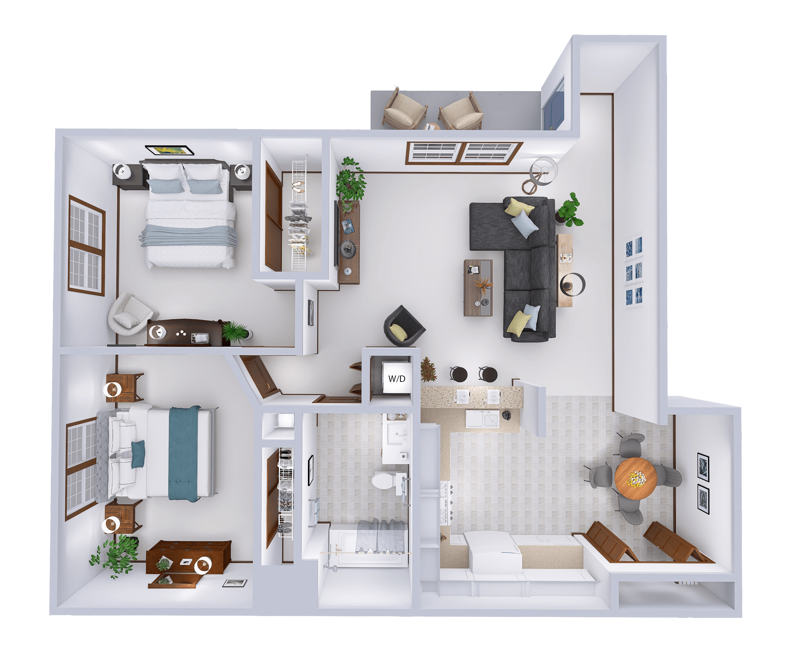 Floor plan for 2 beds, 1 bath, 916 sqft